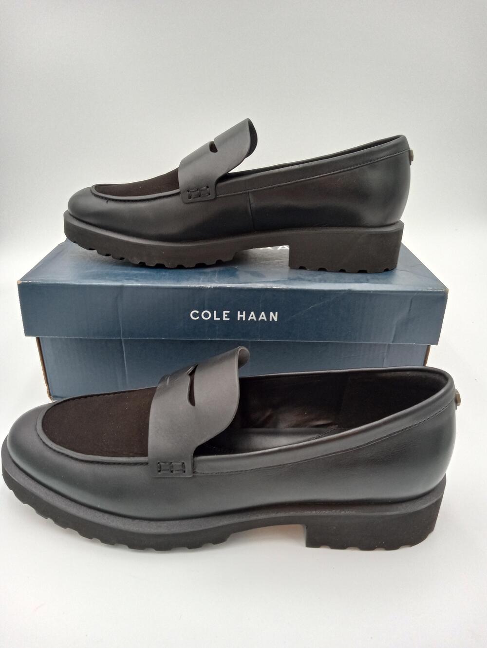 Cole Haan Geneva Loafer Shoes Womens Black Leather Penny Chunky Lug Sole Size 10